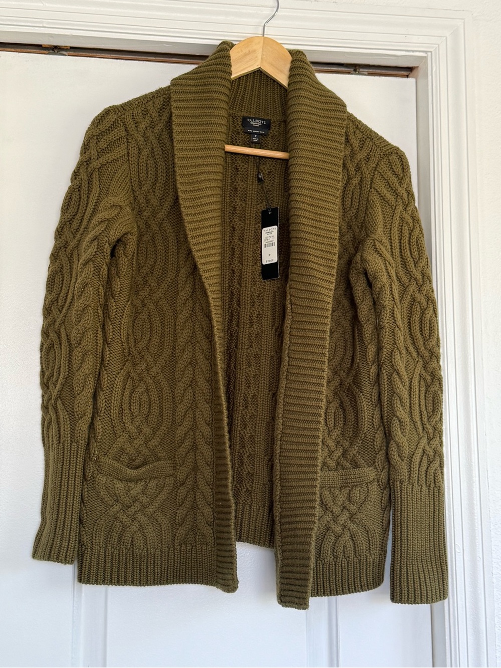 Talbots Olive Green Cable Knit Shawl Collar Cardigan 100% Merino wool